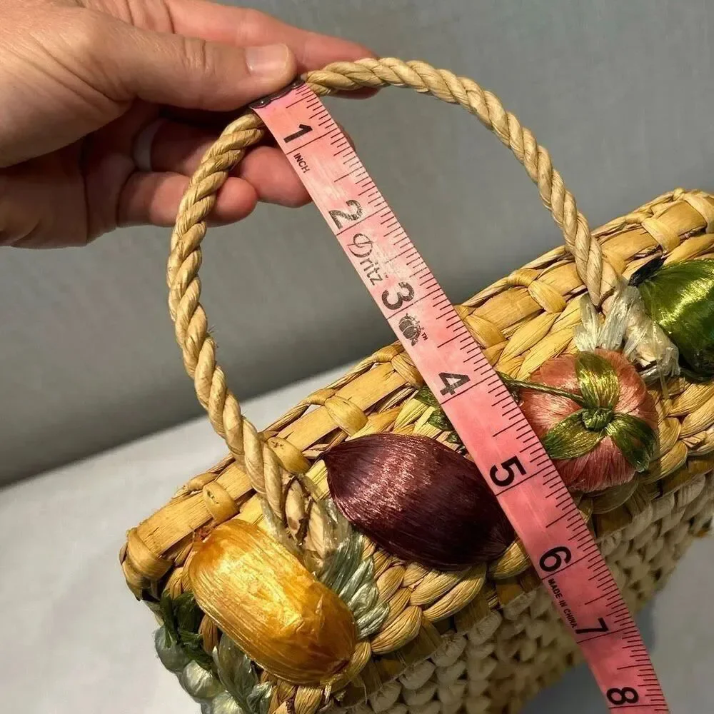 Vtg Woven Straw Lined Basket with 3D Fruit on Sides Phillipines Handmade Boho